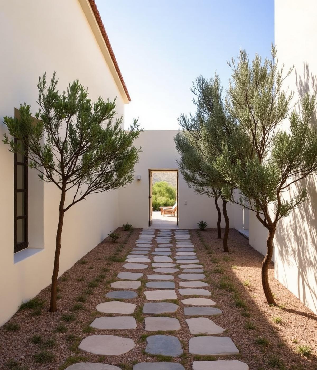 Stone courtyard with olive trees leading to the villa entrance