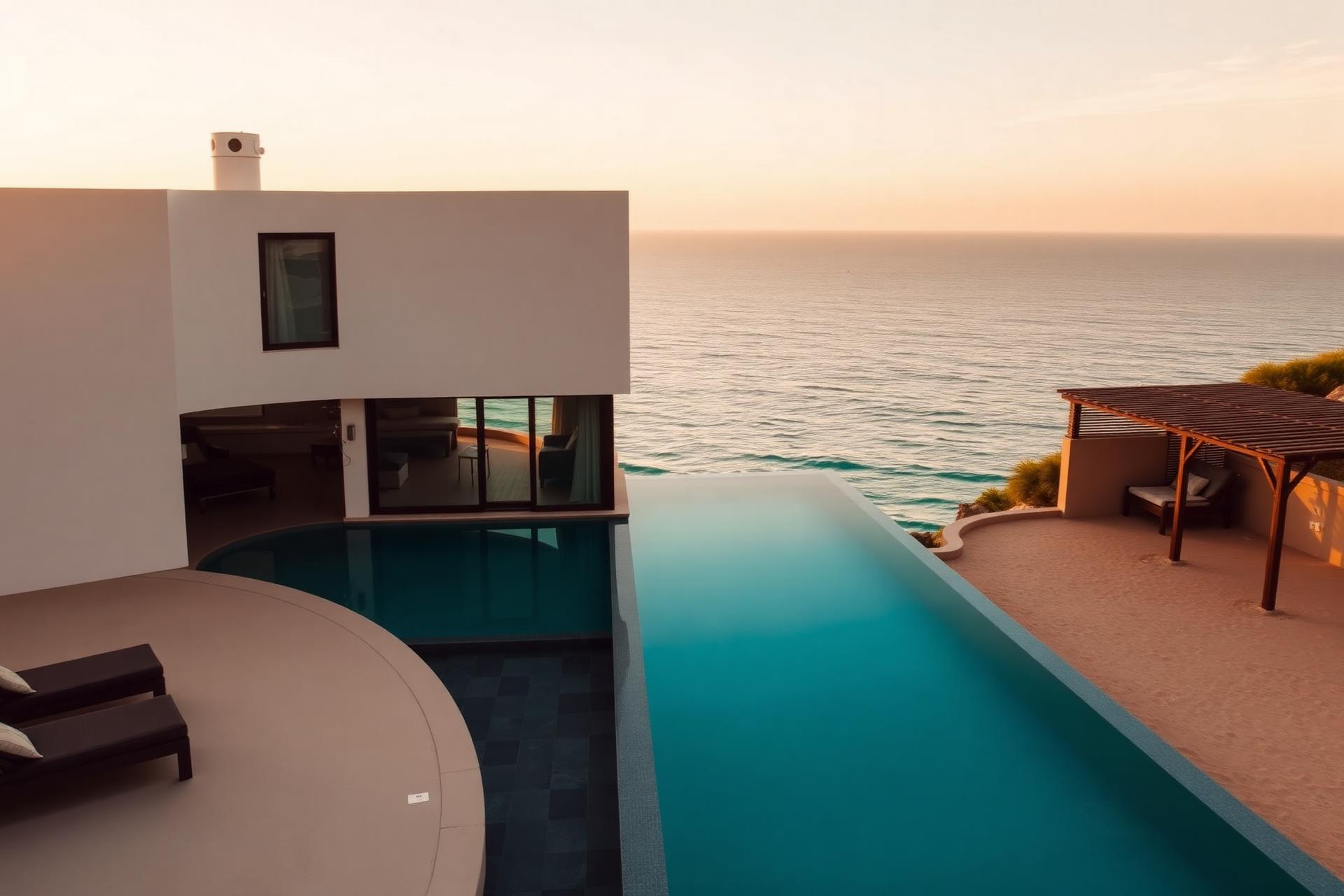 Villa exterior at golden hour with infinity pool overlooking the ocean